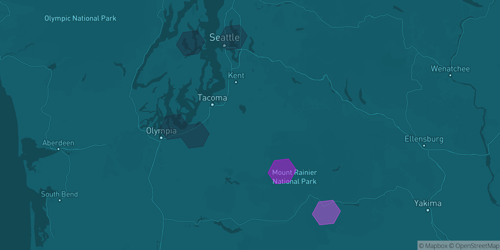 Today's Is The Mountain Out map of Western Washington: community reports shown as hexagons, color-coded from not out to Mountain OUT.
