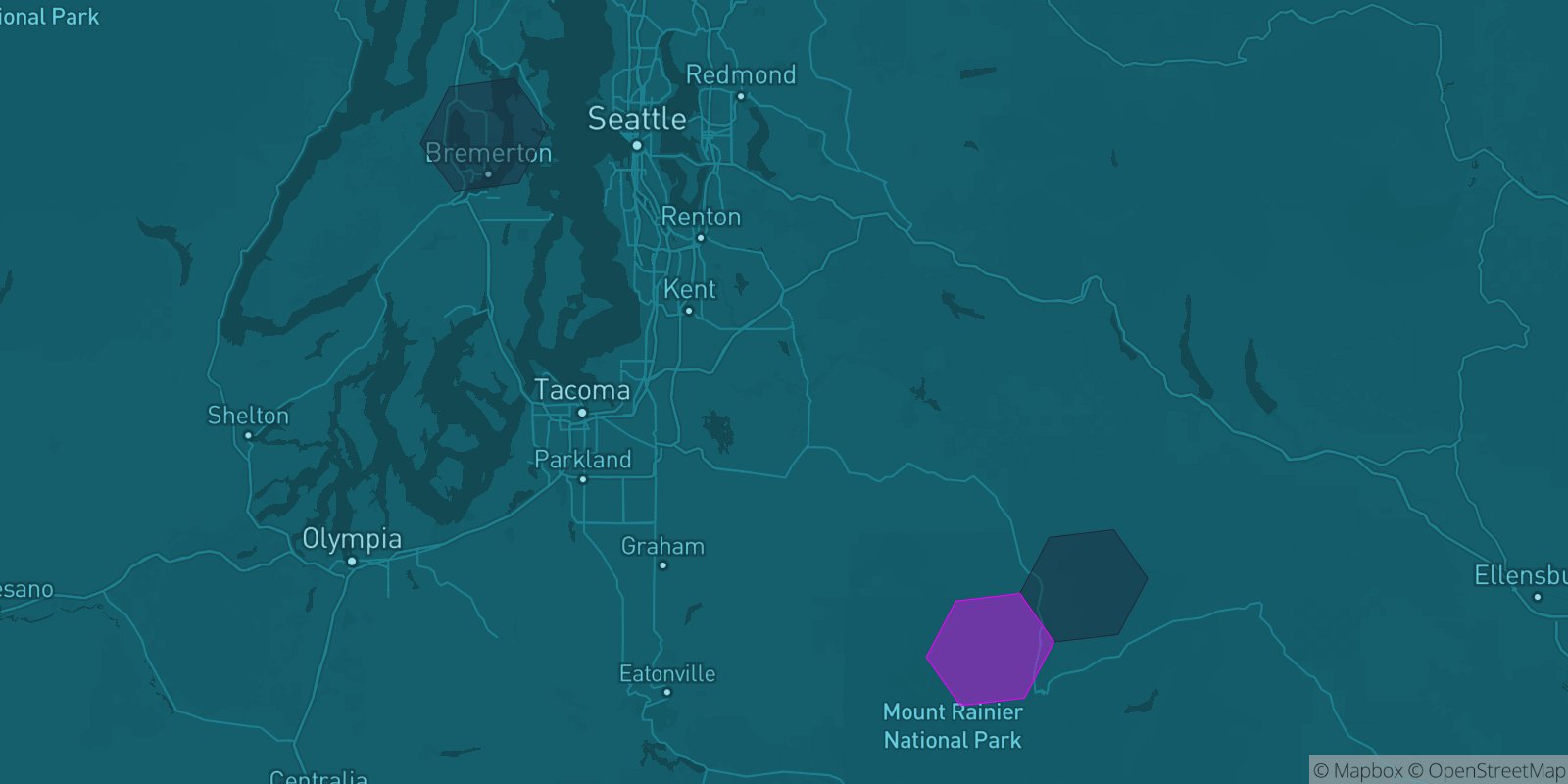 Today's Is The Mountain Out map of Western Washington: community reports shown as hexagons, color-coded from not out to Mountain OUT.