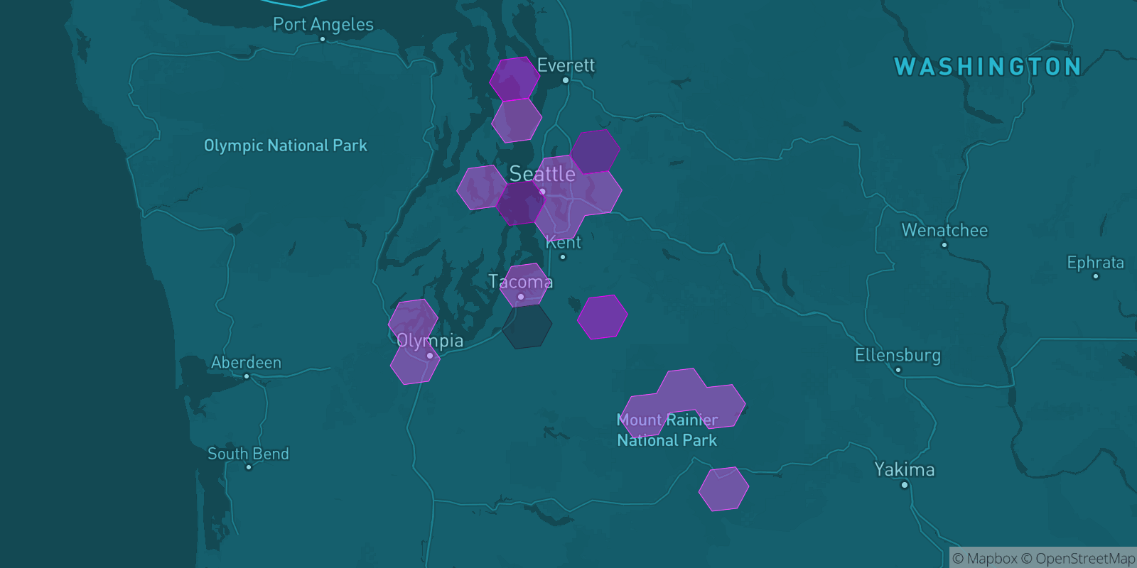 Today's Is The Mountain Out map of Western Washington: community reports shown as hexagons, color-coded from not out to Mountain OUT.