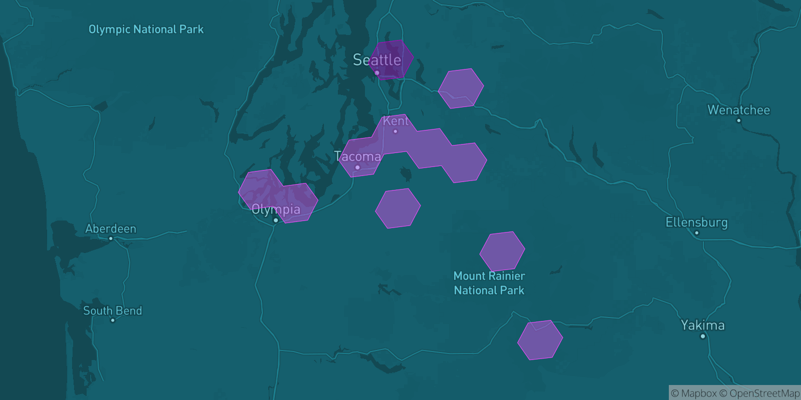 Today's Is The Mountain Out map of Western Washington: community reports shown as hexagons, color-coded from not out to Mountain OUT.