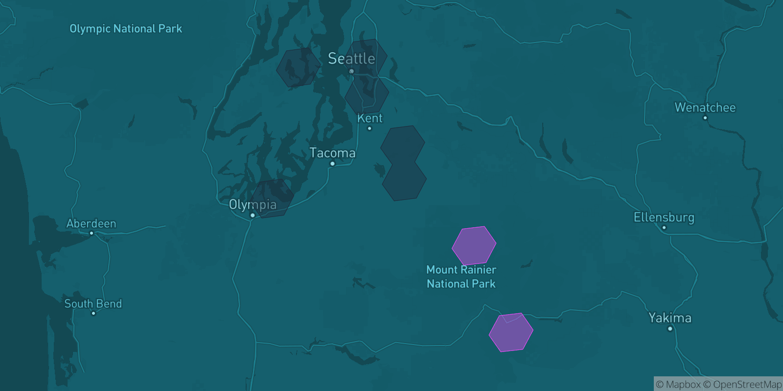 Today's Is The Mountain Out map of Western Washington: community reports shown as hexagons, color-coded from not out to Mountain OUT.