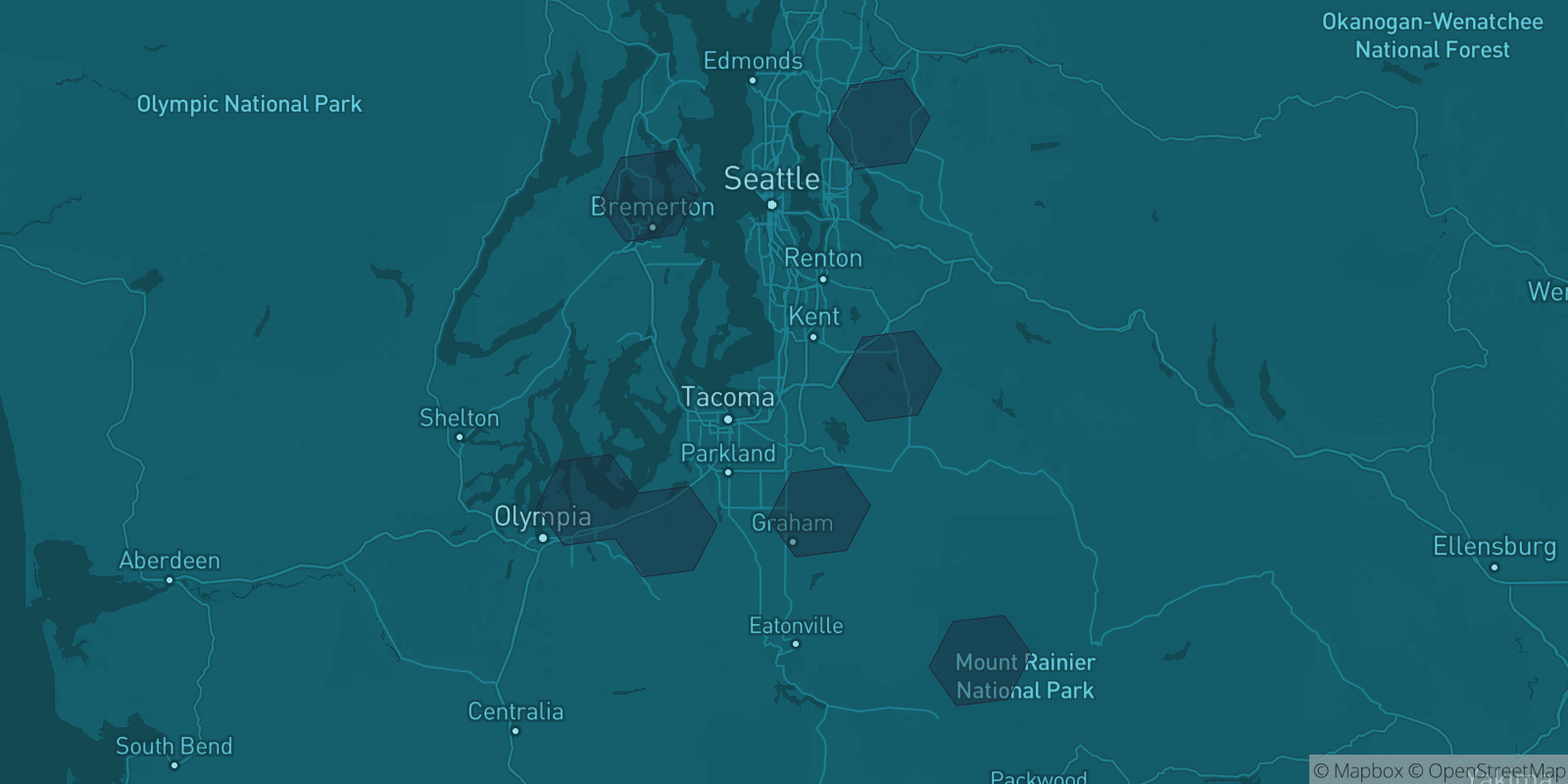 Today's Is The Mountain Out map of Western Washington: community reports shown as hexagons, color-coded from not out to Mountain OUT.
