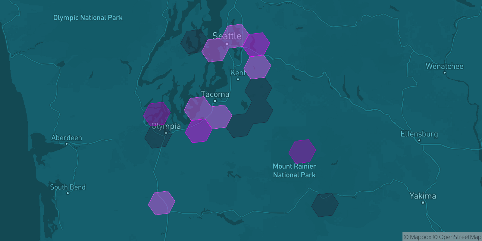 Today's Is The Mountain Out map of Western Washington: community reports shown as hexagons, color-coded from not out to Mountain OUT.