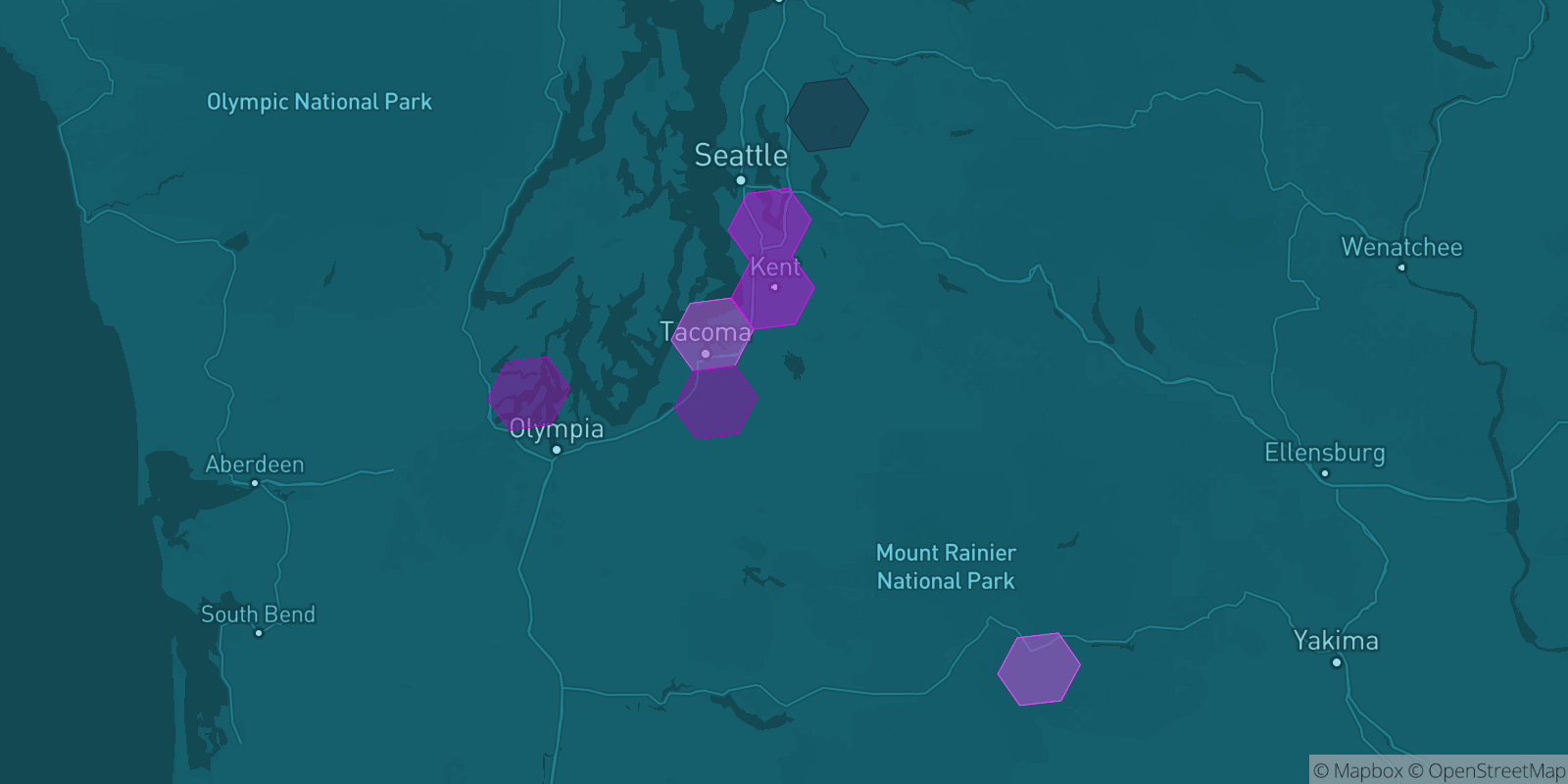Today's Is The Mountain Out map of Western Washington: community reports shown as hexagons, color-coded from not out to Mountain OUT.