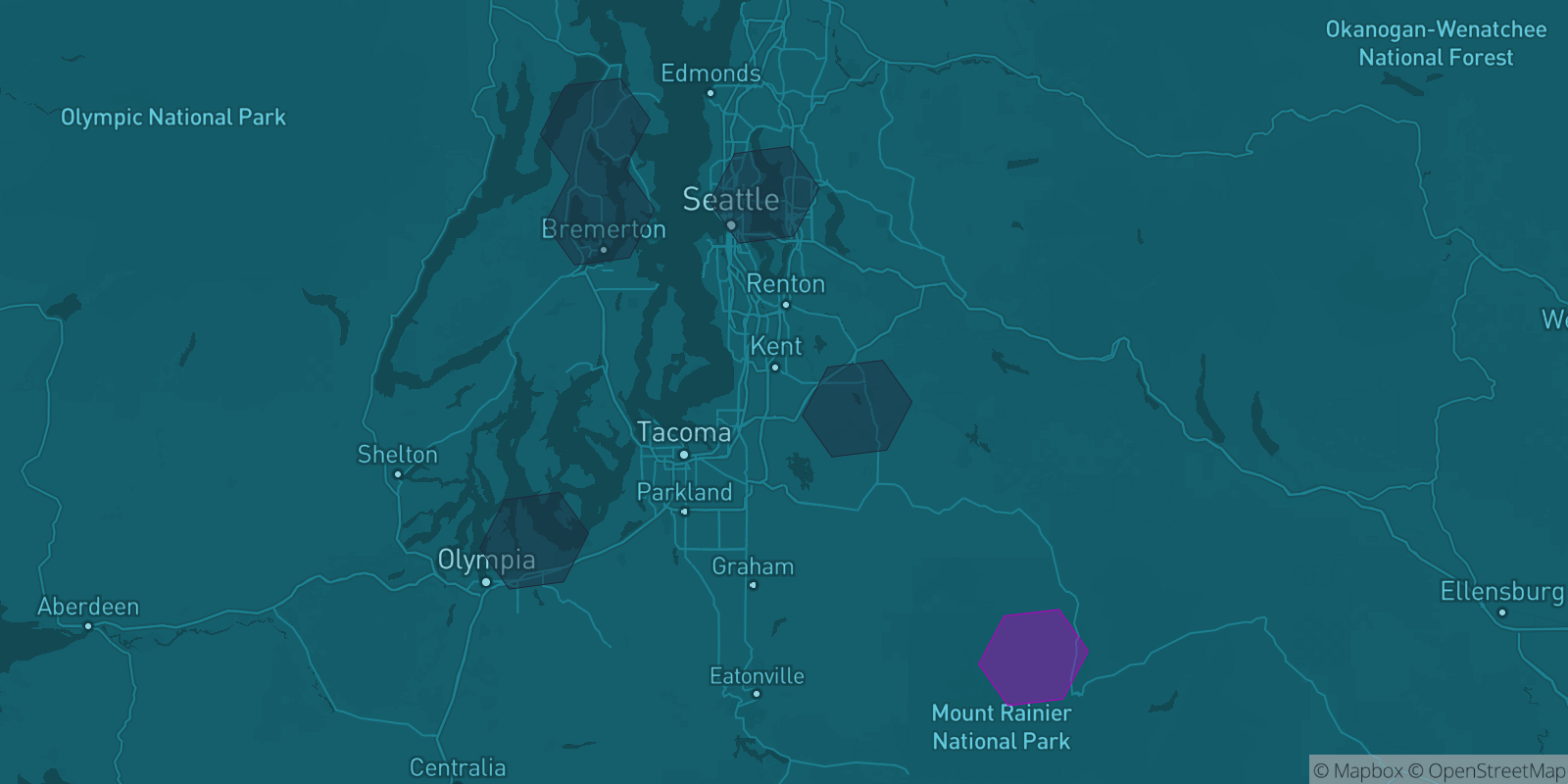 Today's Is The Mountain Out map of Western Washington: community reports shown as hexagons, color-coded from not out to Mountain OUT.