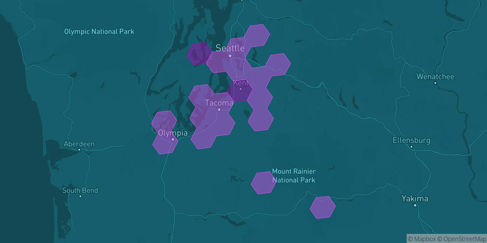 Today's Is The Mountain Out map of Western Washington: community reports shown as hexagons, color-coded from not out to Mountain OUT.