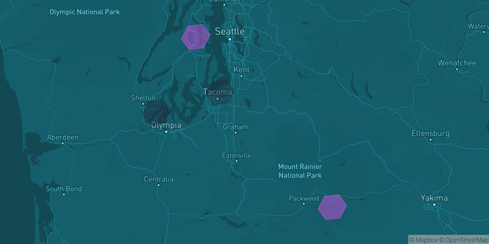 Today's Is The Mountain Out map of Western Washington: community reports shown as hexagons, color-coded from not out to Mountain OUT.