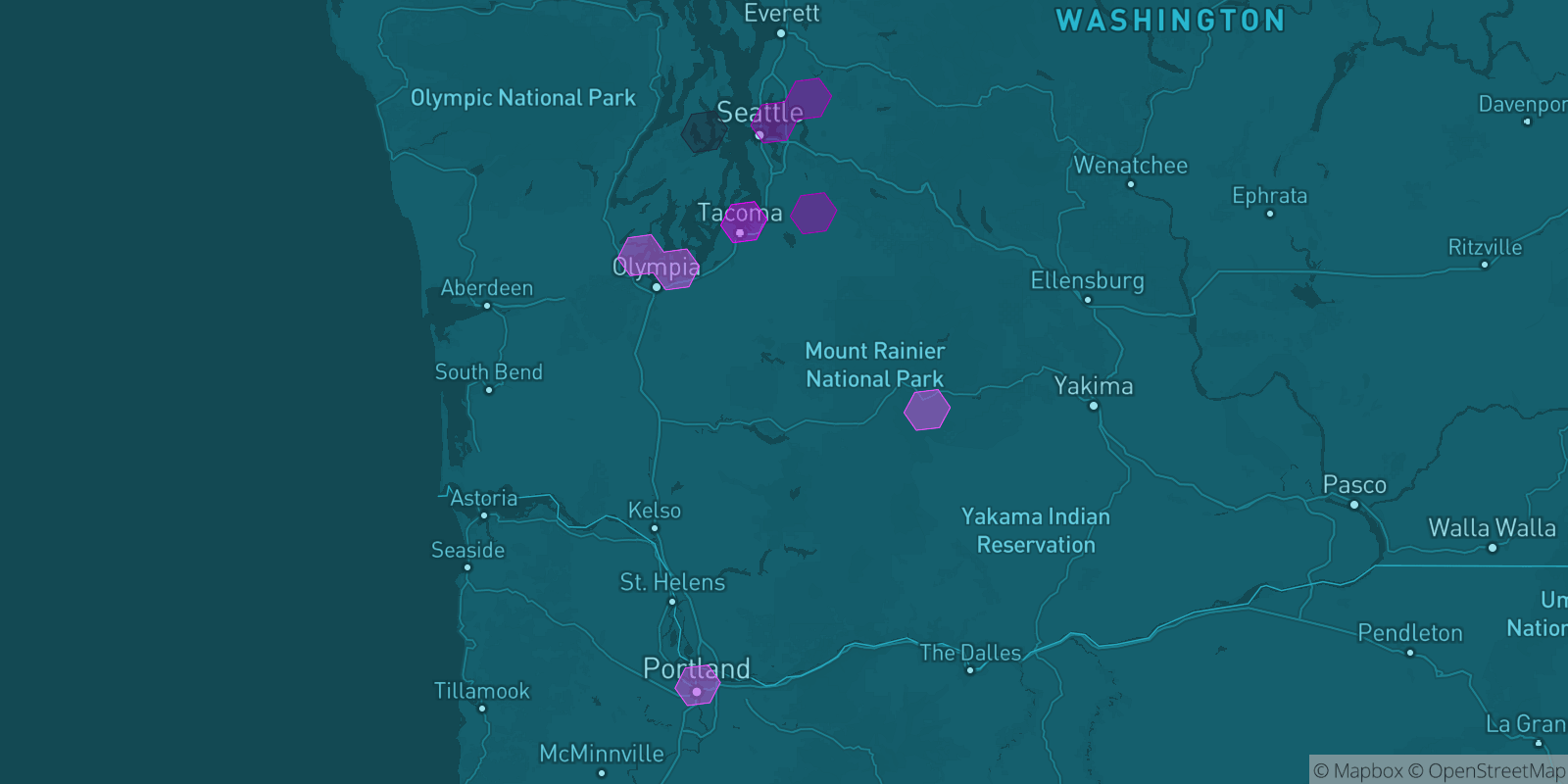 Today's Is The Mountain Out map of Western Washington: community reports shown as hexagons, color-coded from not out to Mountain OUT.
