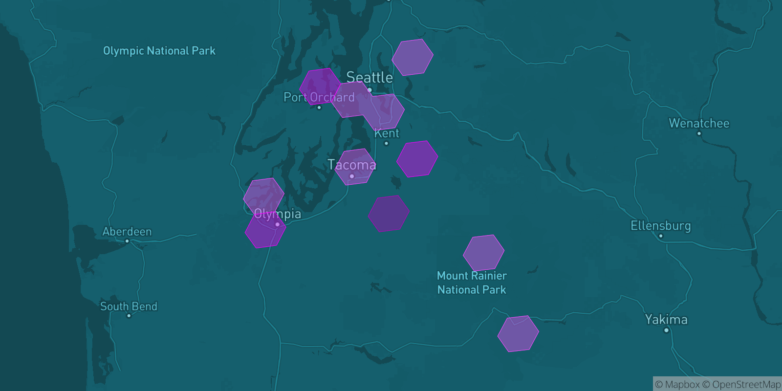 Today's Is The Mountain Out map of Western Washington: community reports shown as hexagons, color-coded from not out to Mountain OUT.