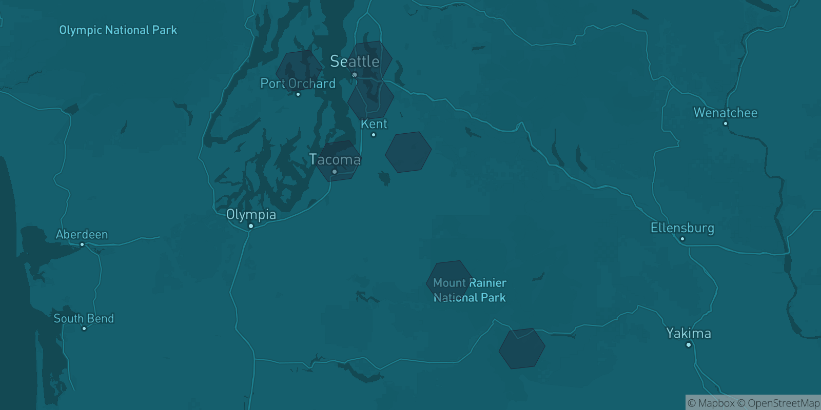 Today's Is The Mountain Out map of Western Washington: community reports shown as hexagons, color-coded from not out to Mountain OUT.