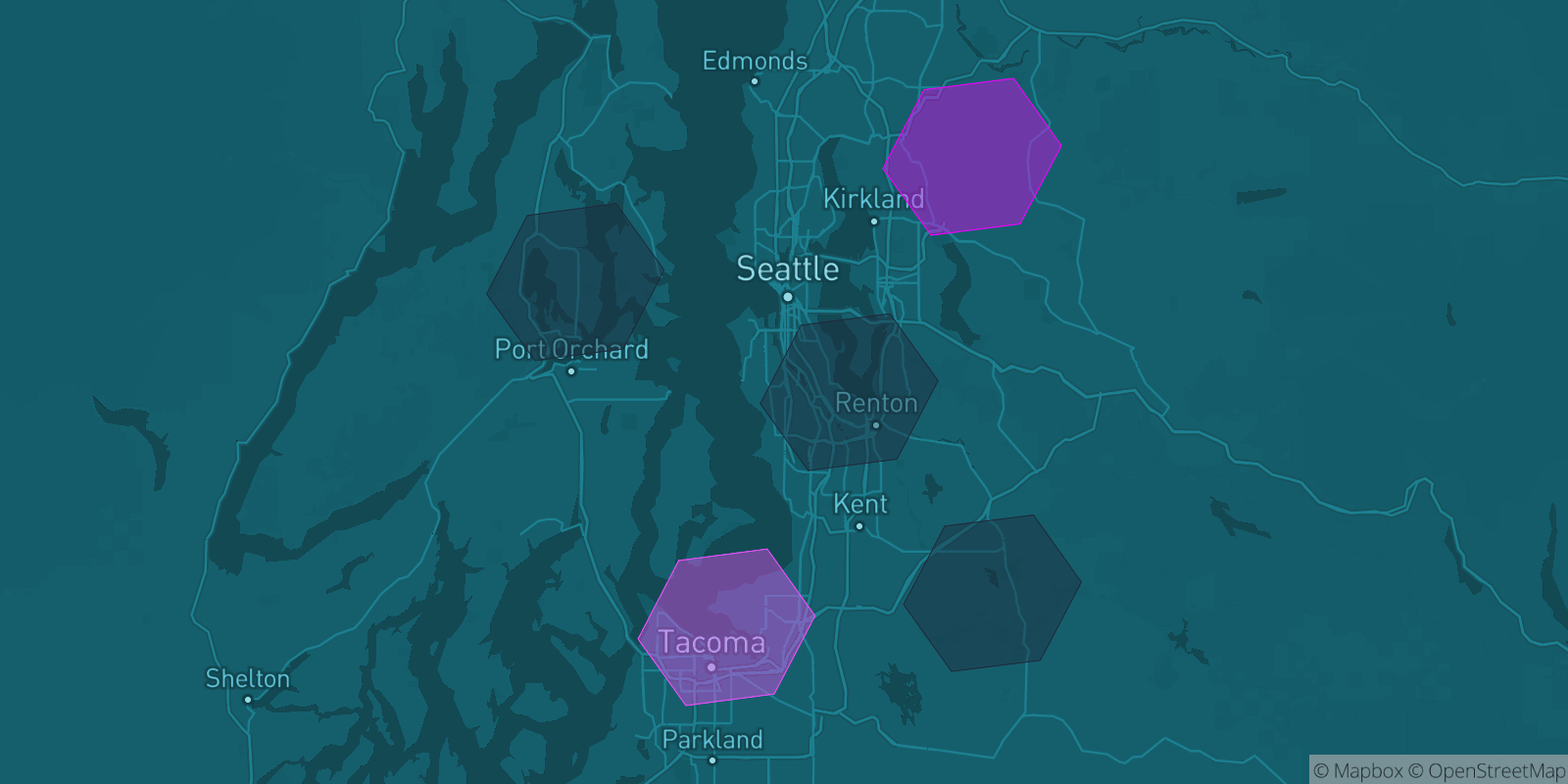 Today's Is The Mountain Out map of Western Washington: community reports shown as hexagons, color-coded from not out to Mountain OUT.