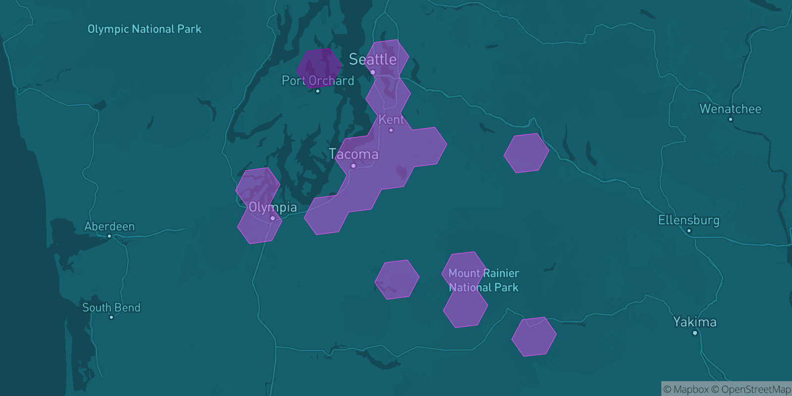 Today's Is The Mountain Out map of Western Washington: community reports shown as hexagons, color-coded from not out to Mountain OUT.