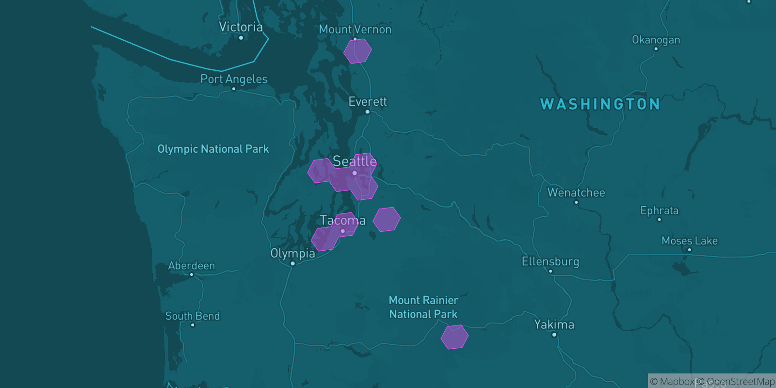 Today's Is The Mountain Out map of Western Washington: community reports shown as hexagons, color-coded from not out to Mountain OUT.