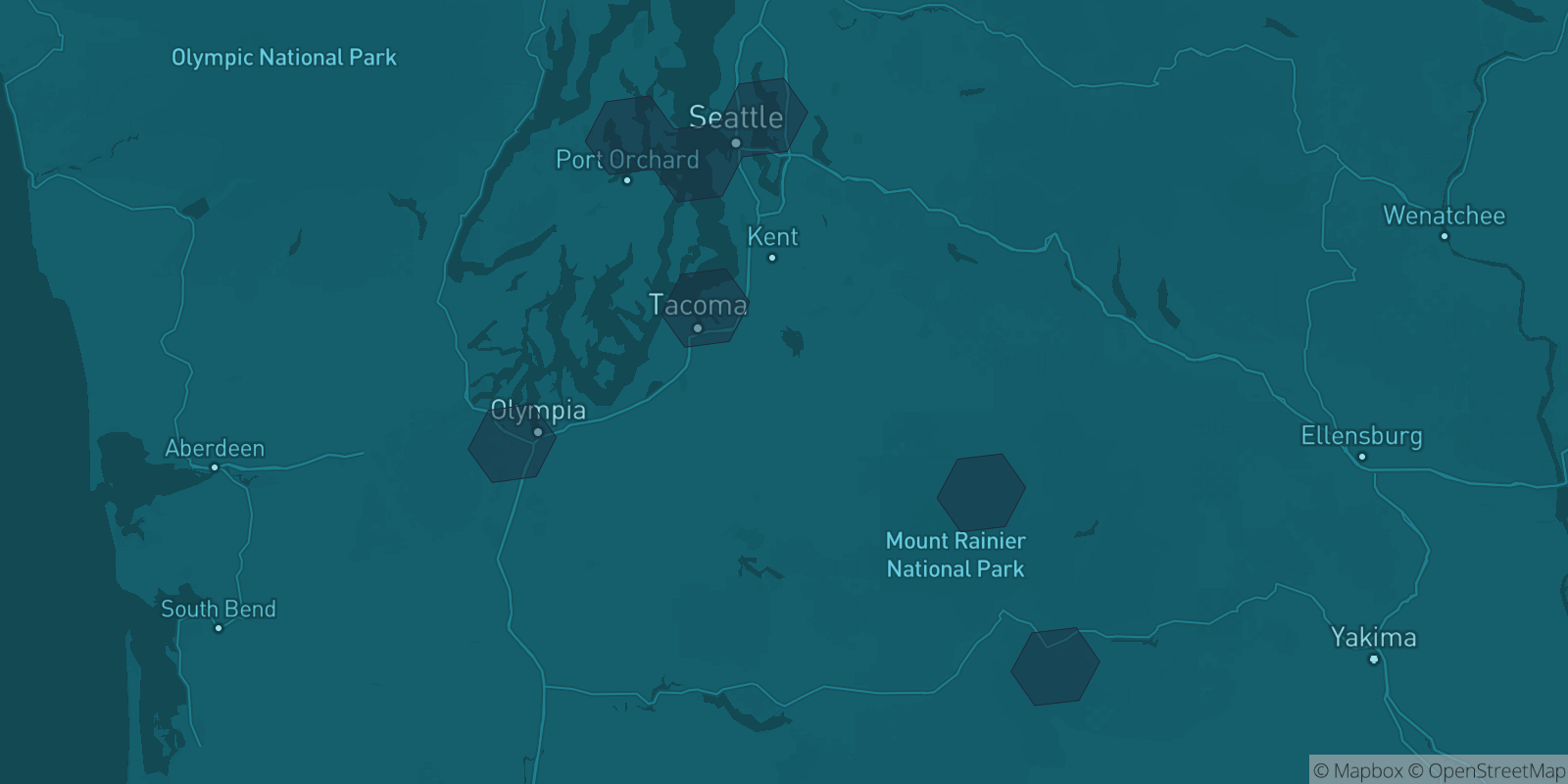 Today's Is The Mountain Out map of Western Washington: community reports shown as hexagons, color-coded from not out to Mountain OUT.