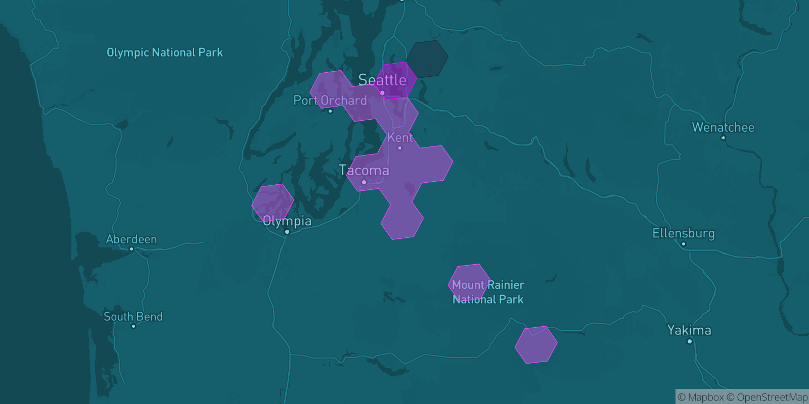 Today's Is The Mountain Out map of Western Washington: community reports shown as hexagons, color-coded from not out to Mountain OUT.