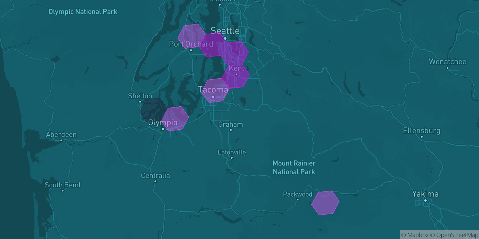 Today's Is The Mountain Out map of Western Washington: community reports shown as hexagons, color-coded from not out to Mountain OUT.