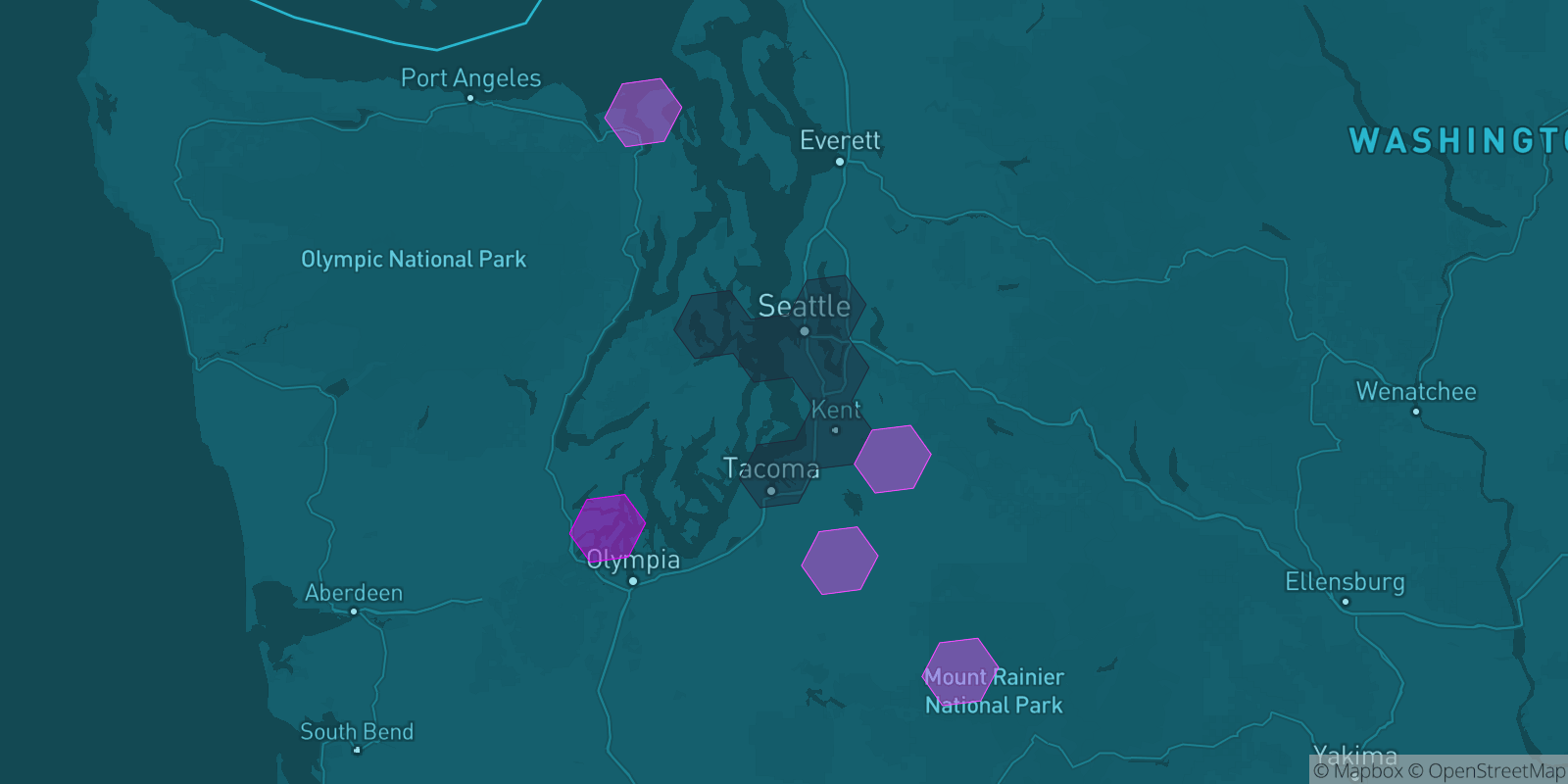 Today's Is The Mountain Out map of Western Washington: community reports shown as hexagons, color-coded from not out to Mountain OUT.