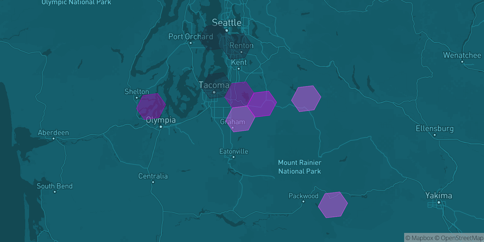 Today's Is The Mountain Out map of Western Washington: community reports shown as hexagons, color-coded from not out to Mountain OUT.