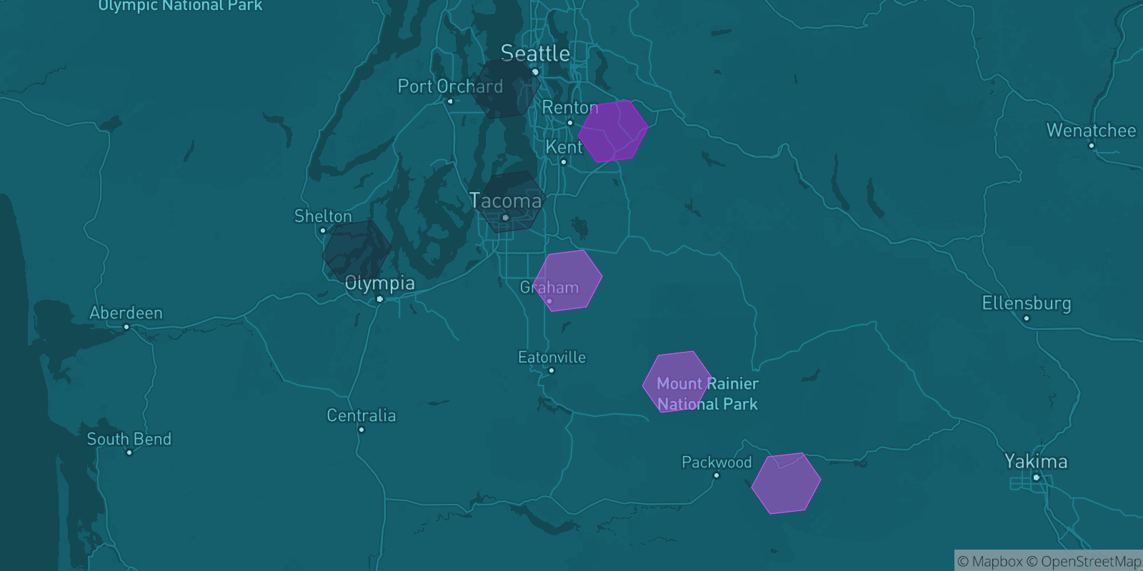 Today's Is The Mountain Out map of Western Washington: community reports shown as hexagons, color-coded from not out to Mountain OUT.