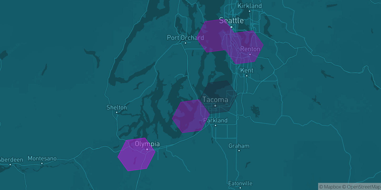 Today's Is The Mountain Out map of Western Washington: community reports shown as hexagons, color-coded from not out to Mountain OUT.