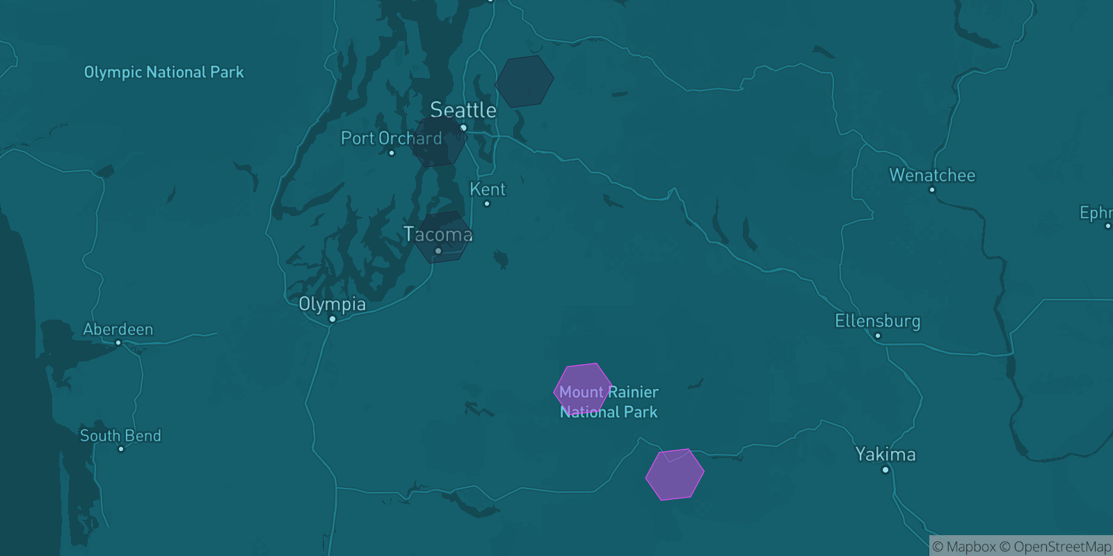 Today's Is The Mountain Out map of Western Washington: community reports shown as hexagons, color-coded from not out to Mountain OUT.