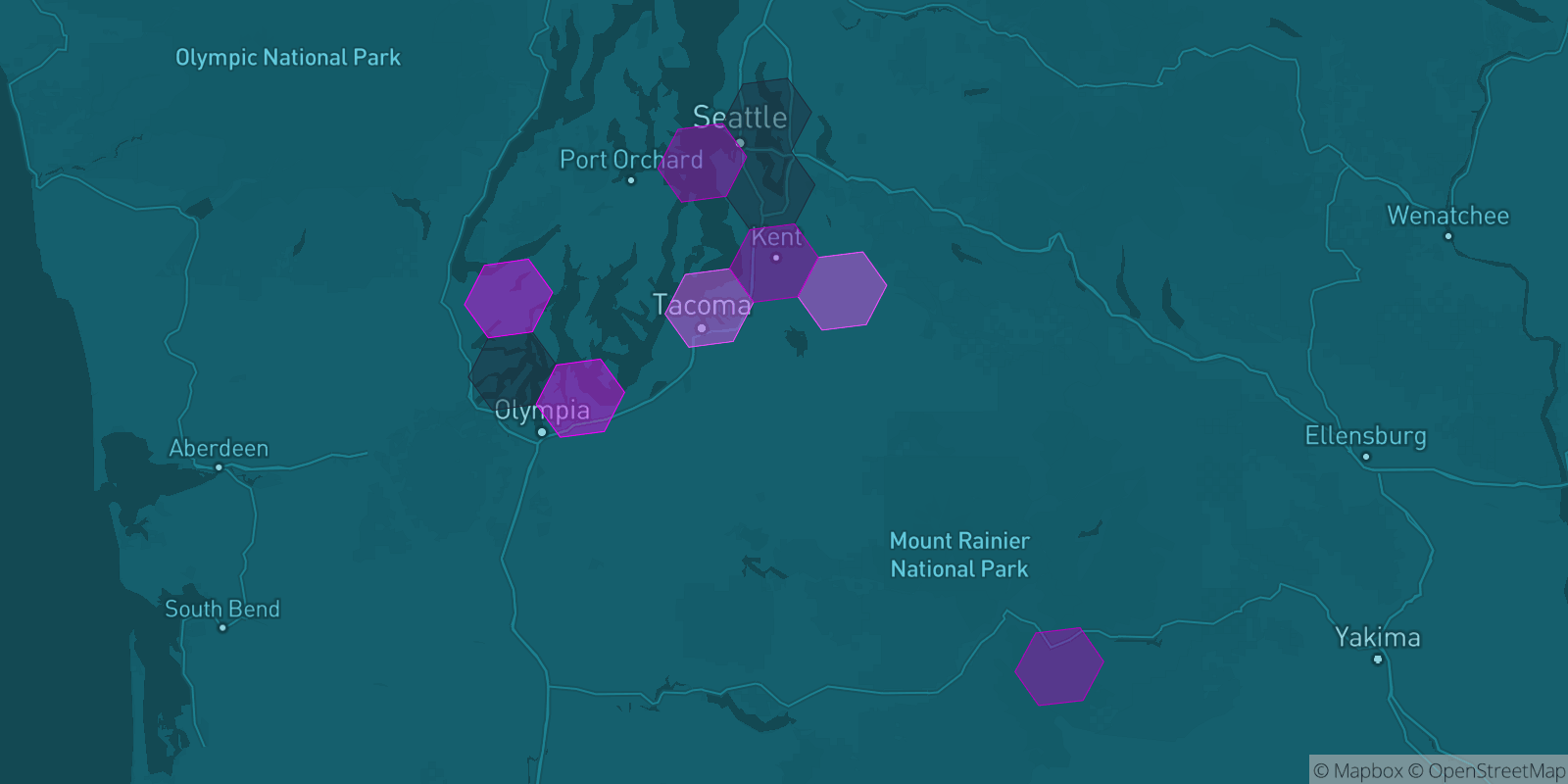 Today's Is The Mountain Out map of Western Washington: community reports shown as hexagons, color-coded from not out to Mountain OUT.