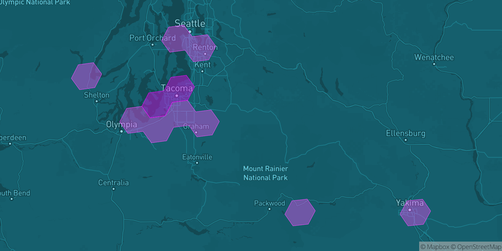 Today's Is The Mountain Out map of Western Washington: community reports shown as hexagons, color-coded from not out to Mountain OUT.