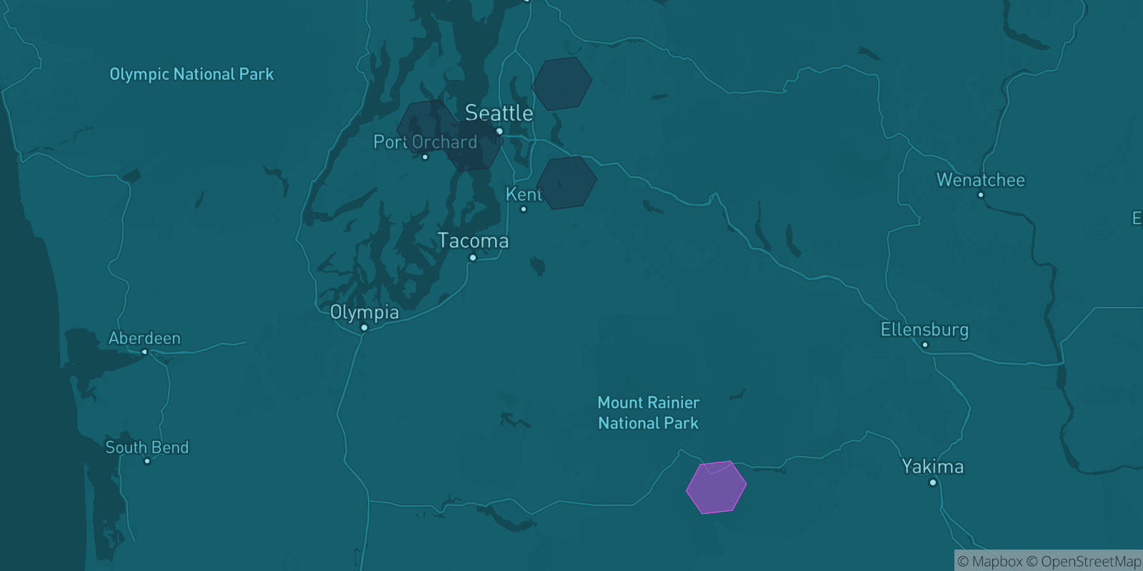 Today's Is The Mountain Out map of Western Washington: community reports shown as hexagons, color-coded from not out to Mountain OUT.