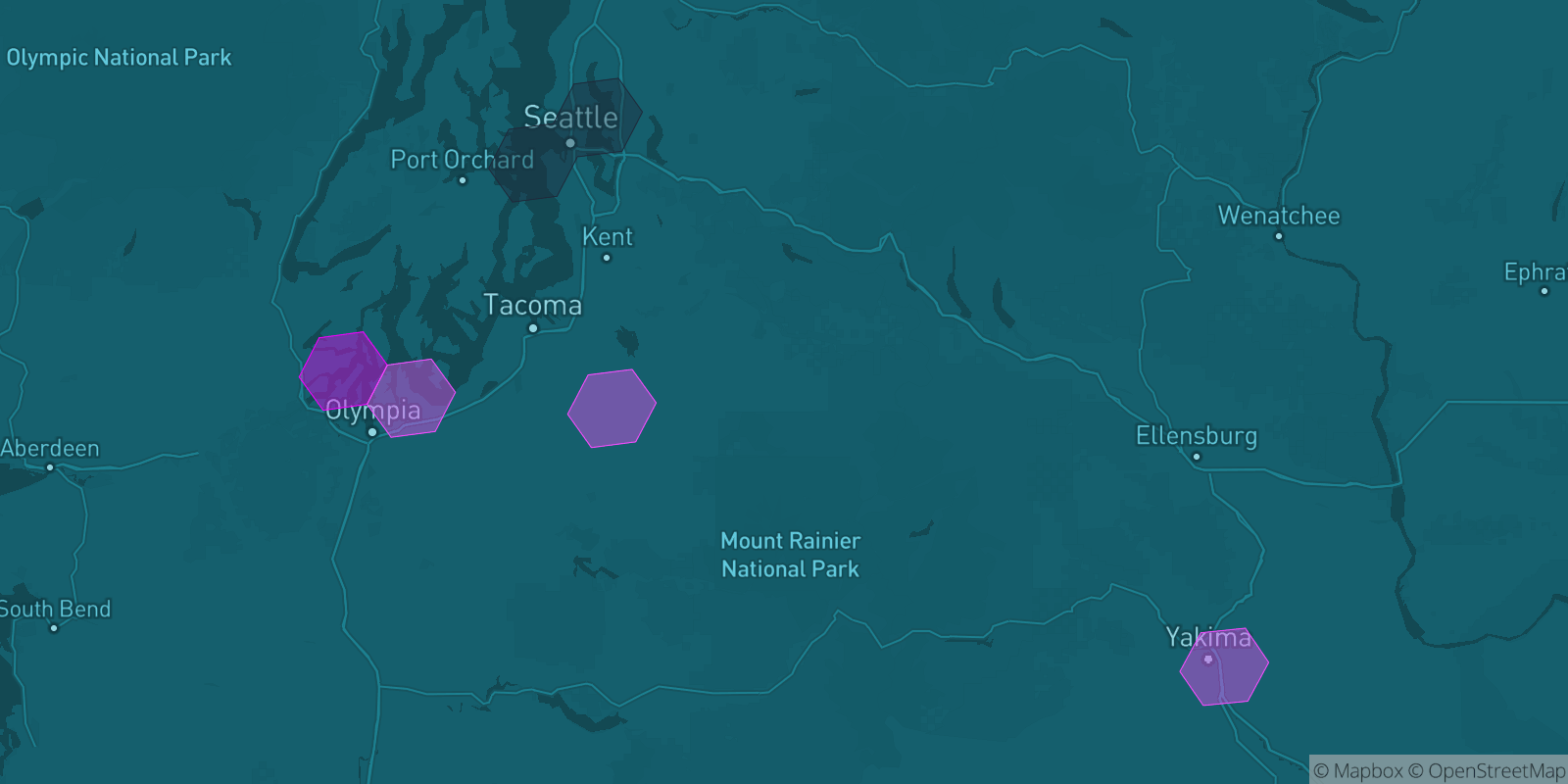 Today's Is The Mountain Out map of Western Washington: community reports shown as hexagons, color-coded from not out to Mountain OUT.