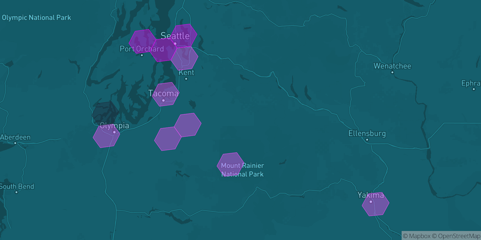 Today's Is The Mountain Out map of Western Washington: community reports shown as hexagons, color-coded from not out to Mountain OUT.