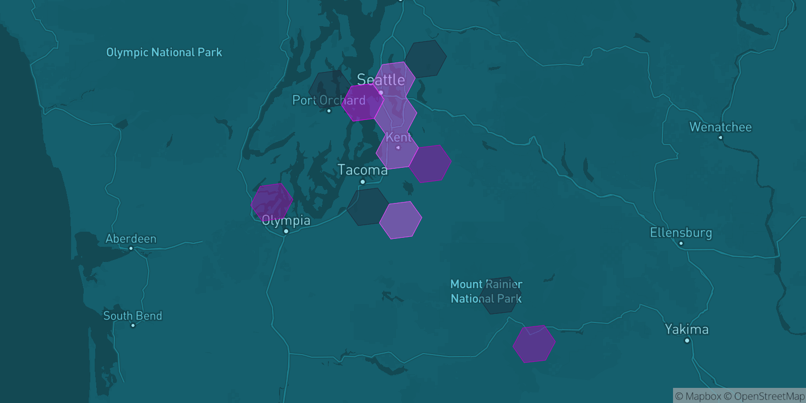 Today's Is The Mountain Out map of Western Washington: community reports shown as hexagons, color-coded from not out to Mountain OUT.