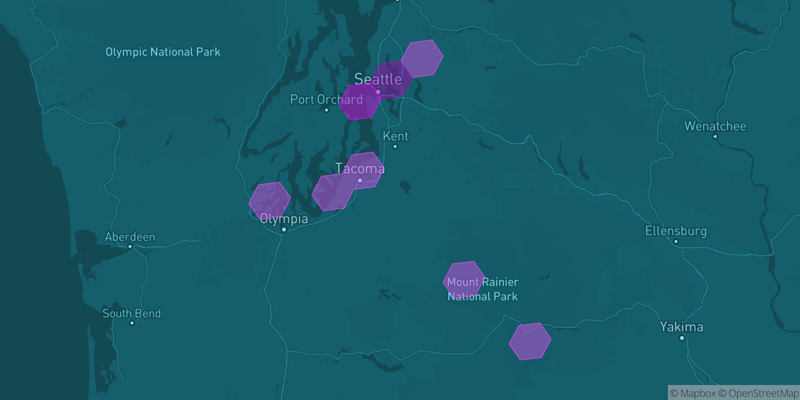 Today's Is The Mountain Out map of Western Washington: community reports shown as hexagons, color-coded from not out to Mountain OUT.