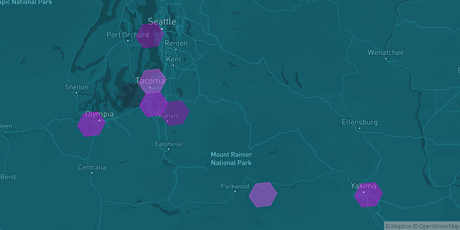 Today's Is The Mountain Out map of Western Washington: community reports shown as hexagons, color-coded from not out to Mountain OUT.