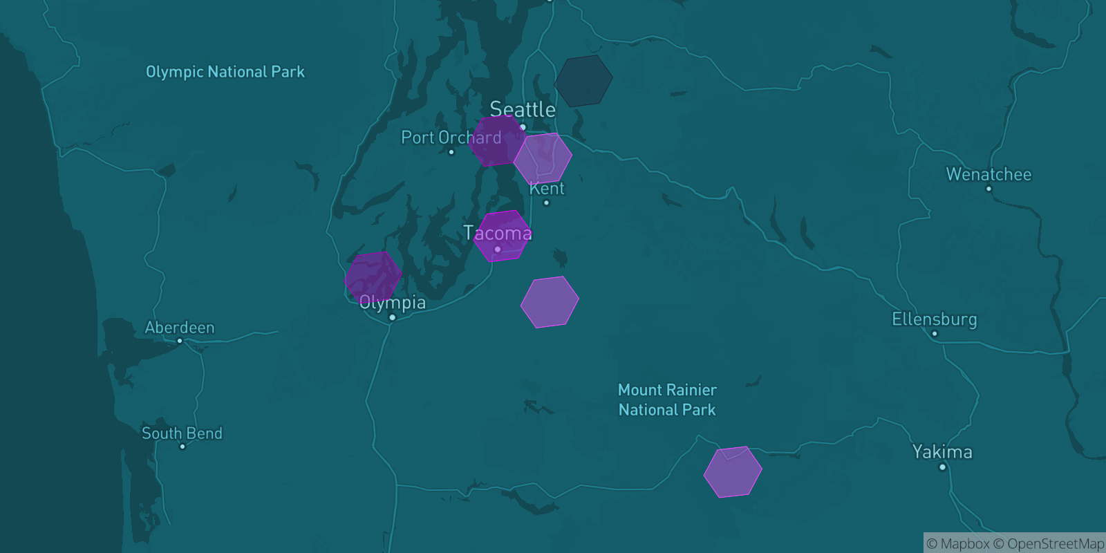 Today's Is The Mountain Out map of Western Washington: community reports shown as hexagons, color-coded from not out to Mountain OUT.